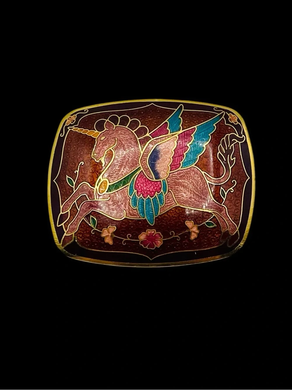 Vintage 1970s Cloisonné Enamel Winged Unicorn Pegasus Belt Buckle